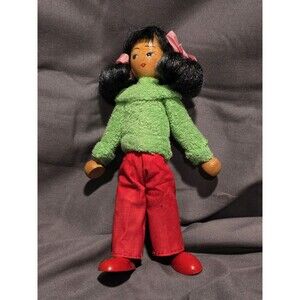 Peg Doll Poland Mid Century Wooden Jointed VTG Lt Brown skin Smartly Dressed 7”